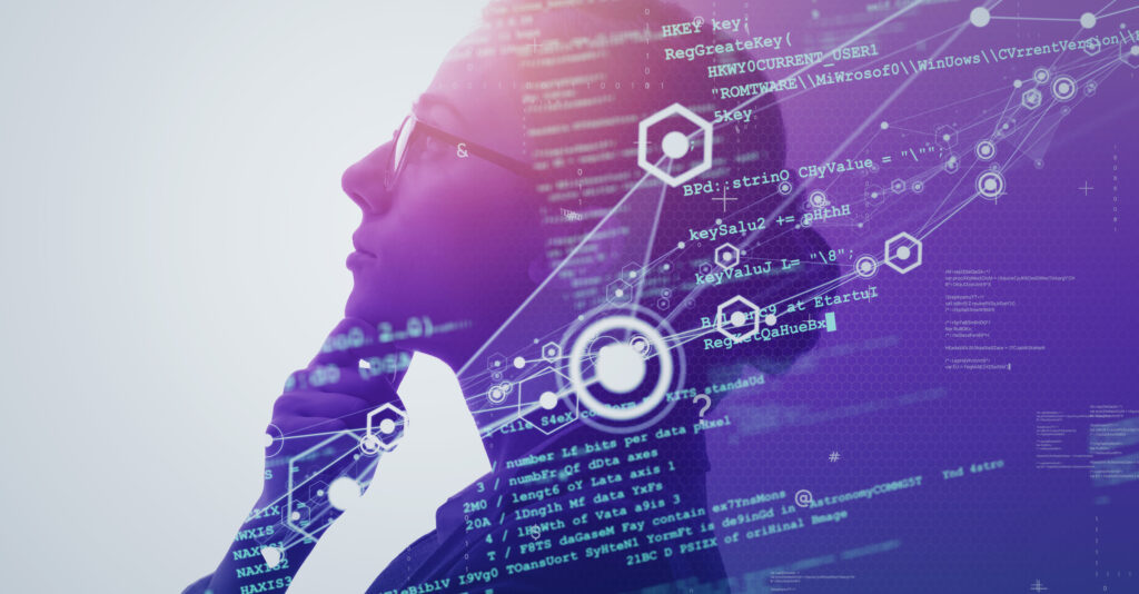La incertidumbre: horizonte y oportunidad Perfil de una persona pensativa superpuesto con gráficos abstractos y líneas de datos digitales, que simbolizan la reflexión humana ante la tecnología y el conocimiento.