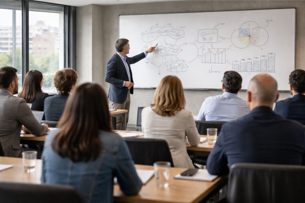 Un profesor señala una pizarra blanca mientras imparte clase a un grupo de jóvenes adultos.