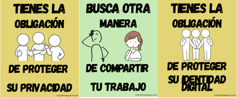 Ilustraciones con mensajes que recuerdan la obligación de proteger la privacidad y la identidad digital de los menores.