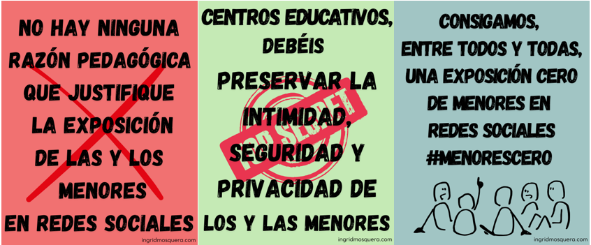 Carteles educativos que denuncian la exposición de menores en redes sociales y reclaman preservar su intimidad, seguridad y privacidad.