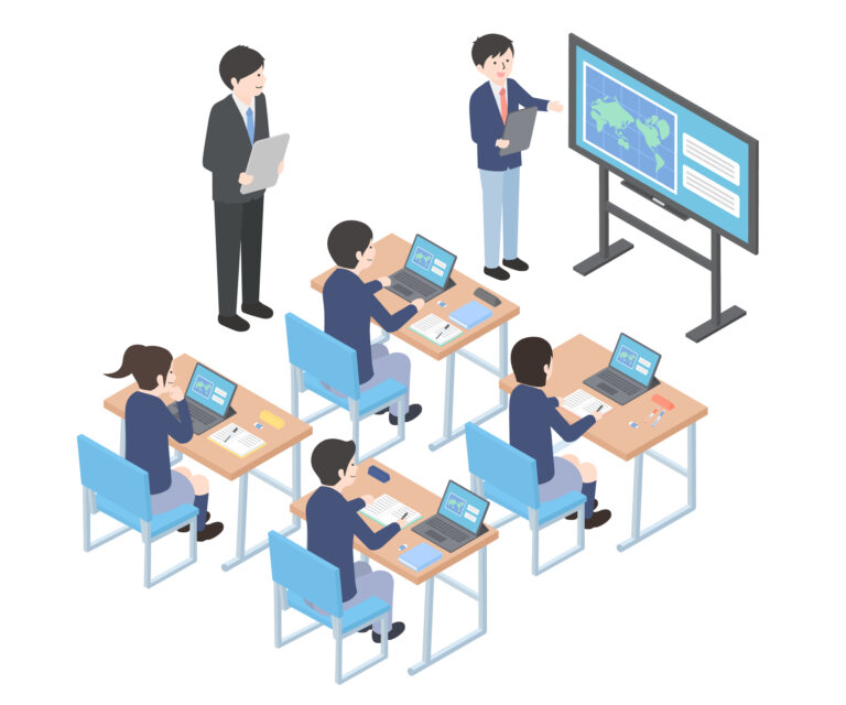 OpiniónSoberanía y Agencia Transformadora para abordar la digitalización de la escuela: dos procesos emancipadores ilustración de unos estudiantes en clase, frente a sus portátiles. Un profesor, frente a ellos, señala un gran televisor.