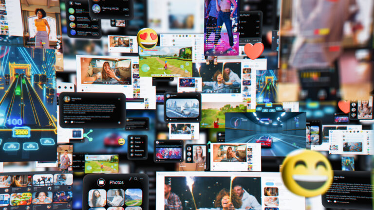 Render 3D de un fondo digital con diferentes servicios en línea. Demostración de apps de mensajería, perfiles de citas, transmisiones de juegos y videos virales de entretenimiento, todos conectados en una visualización de redes sociales.