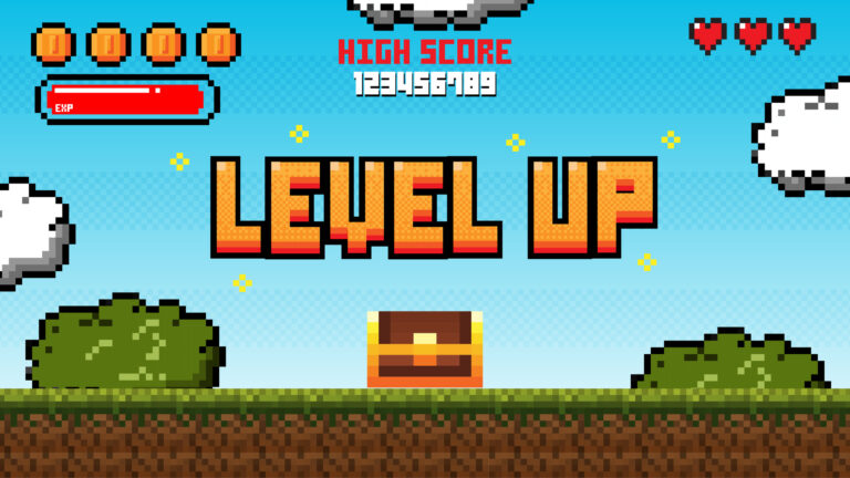 Pixel art game level up press start background.Video game level up background. Retro 8 bit video game interface with You Win text, computer game level up background.