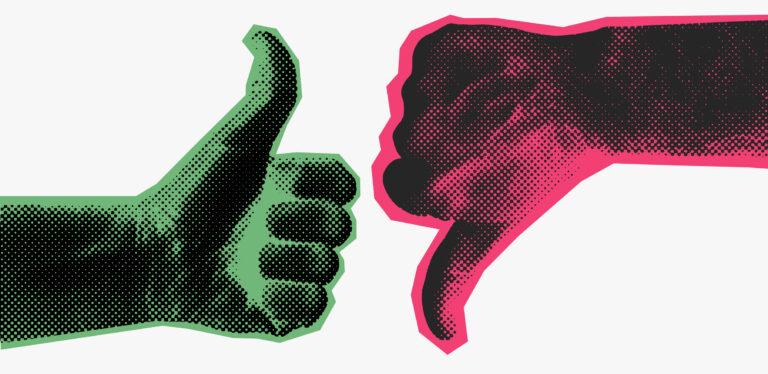 Thumbs up and thumbs down flat hand icons with halftone texture. Like, dislike symbols set, approval and rejection gestures.