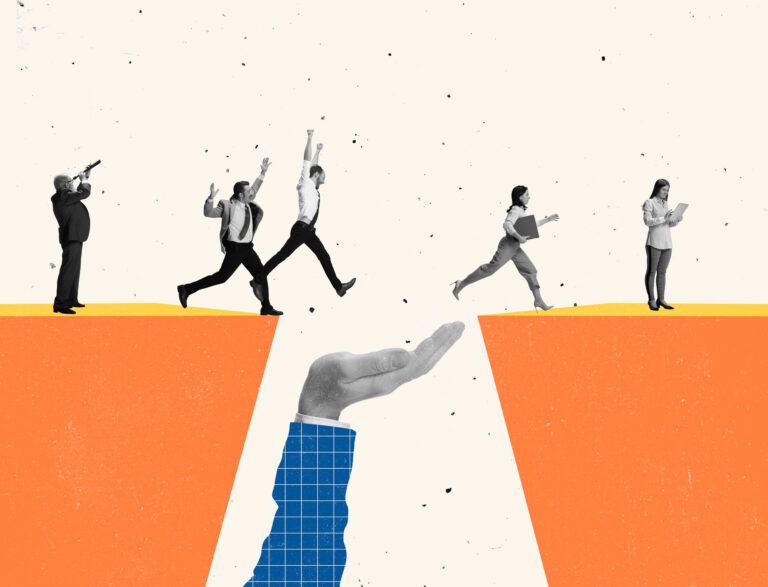 Creative modern design. Contemporary art collage climbing jumping over cliff symbolizing success. Concept of motivation, goal, professional growth, teamwork, support. Copy space for ad