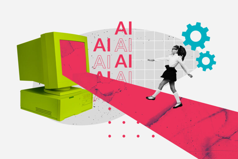 Sketch template design photo collage of obsolete computer monitor young girl walk ai cyber classwork digital education lesson school gear.