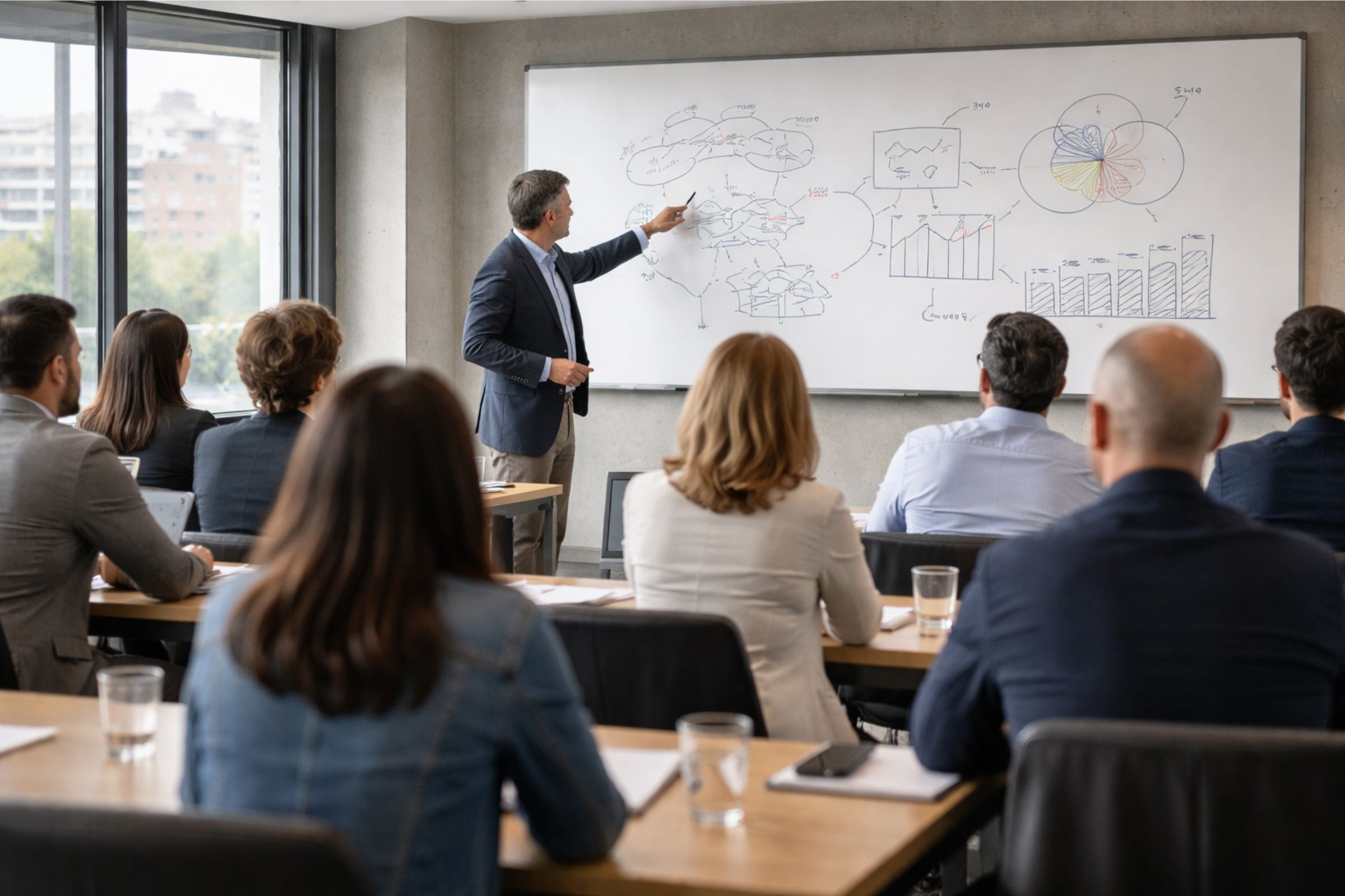 Un profesor señala una pizarra blanca mientras imparte clase a un grupo de jóvenes adultos.